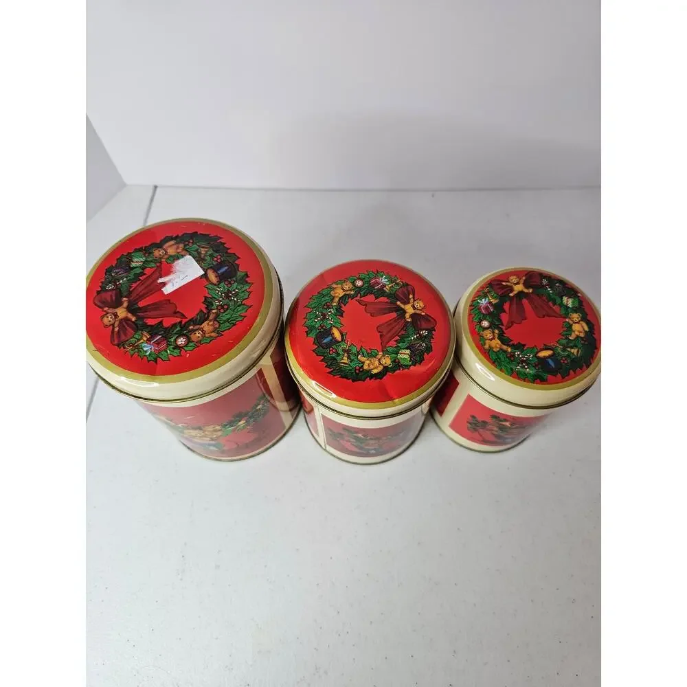 Vintage Christmas Teddy Bear nesting tins set of 3 holiday cookie canisters